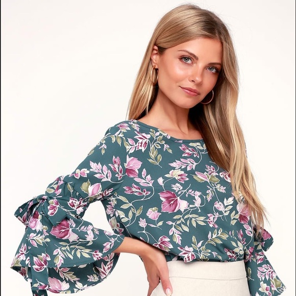 Lulu's Alva Teal Green Floral Print Tying Flounce Sleeve Blouse: - Picture 1 of 9